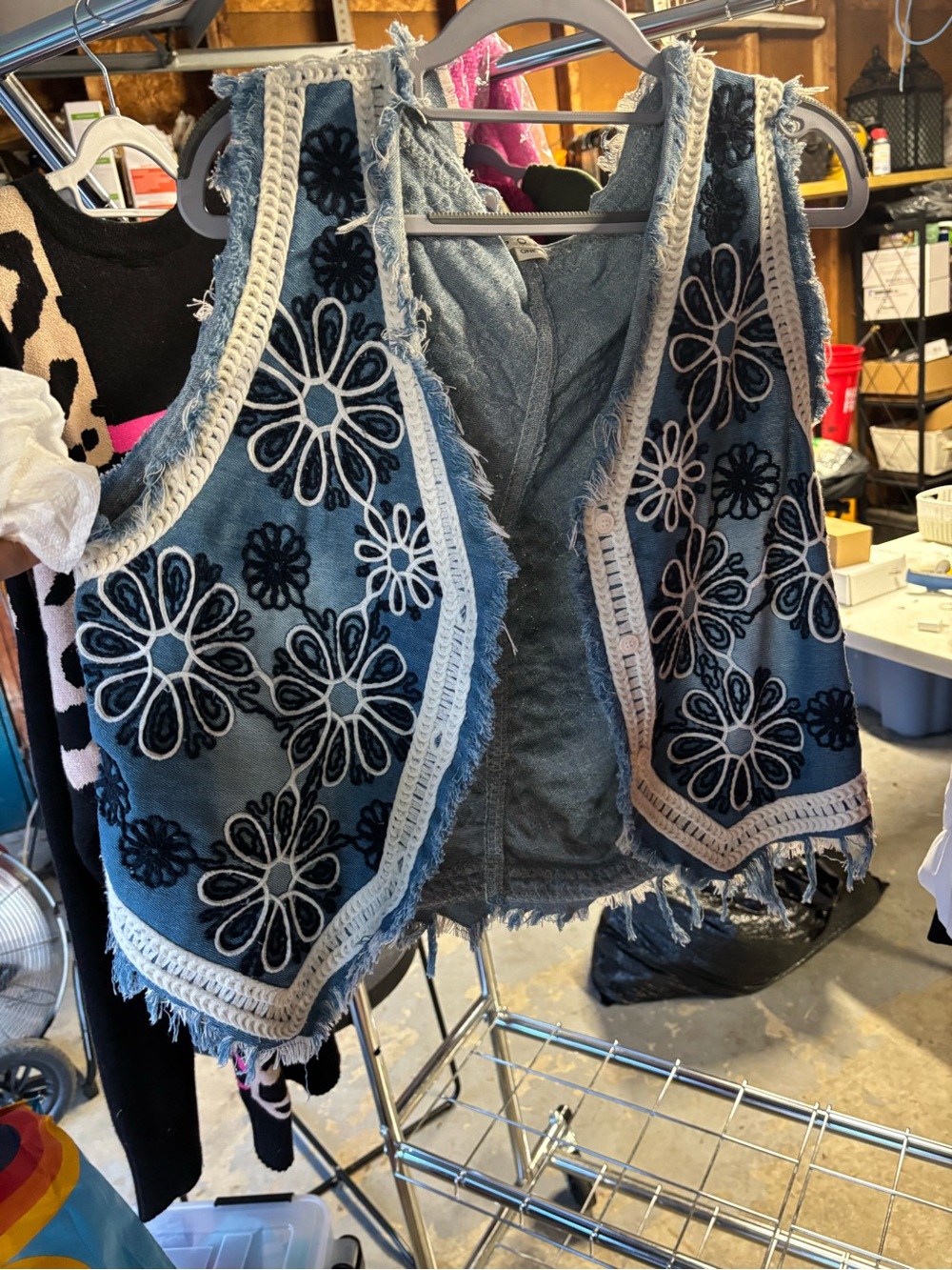 Boho Floral Embroidered Denim Vest - Blue by pol
